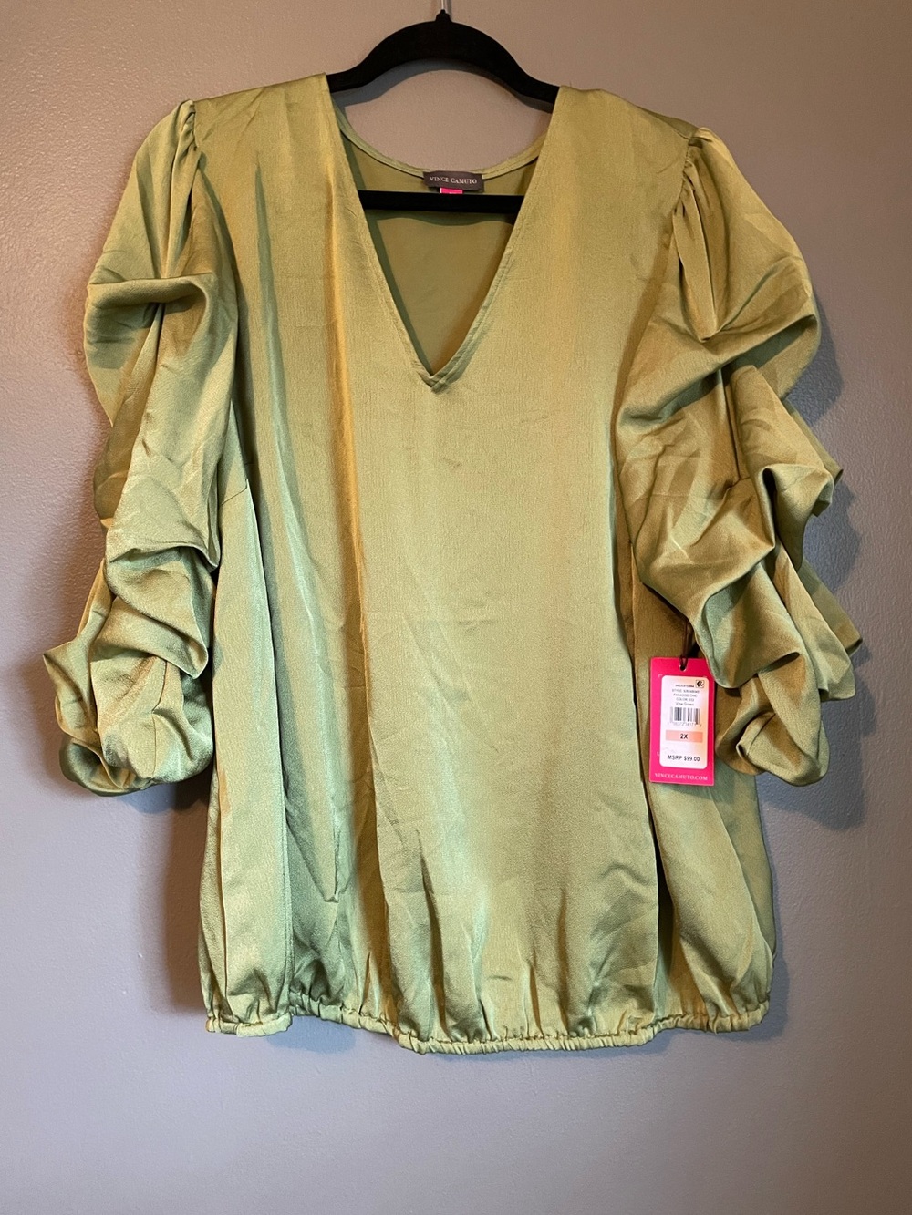 NWT Vince Camuto Sz 2X Plus Women’s Green V-neck Bubble Sleeve Blouse Top Rt $99 - Picture 3 of 12
